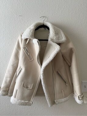 SHEIN Cream Sherpa Moto Aviator Jacket